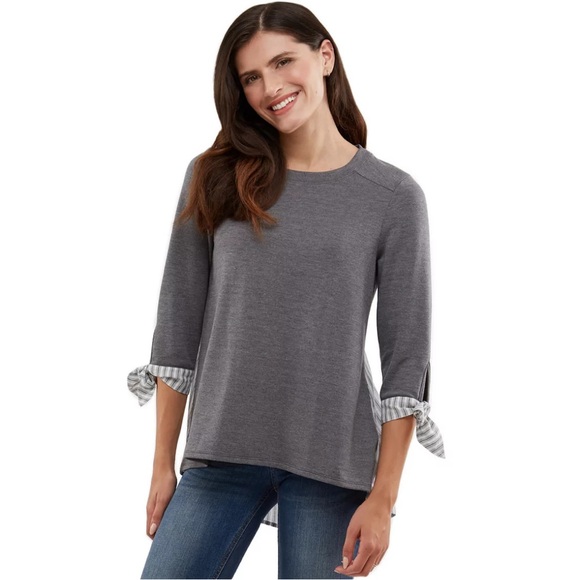 AB Studio Top Womens Gray White Plaid Hi Low Shirt NWT - Picture 1 of 6